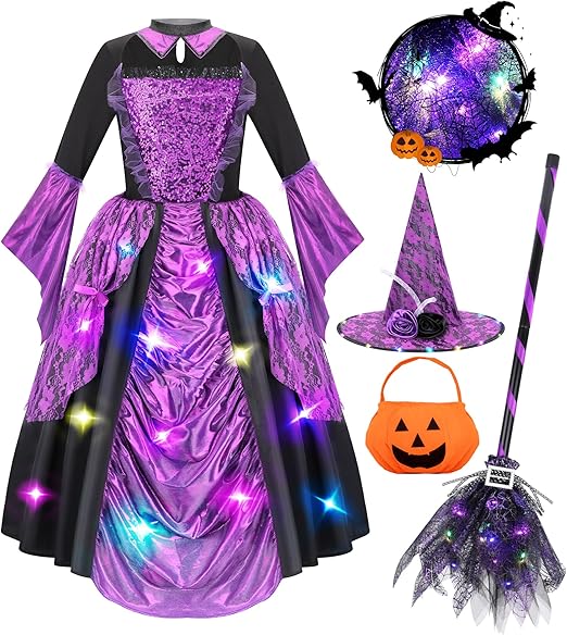 Meland Witch Costume for Girls - Light up Halloween Costumes for Kids Girl Dress up, Witch Dress for Toddler Girls Ages 3-10