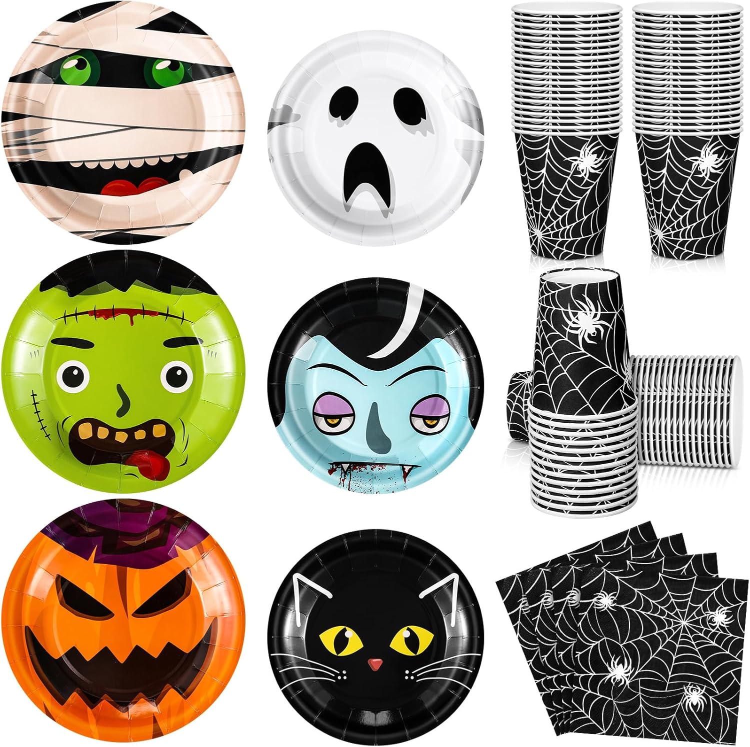 240 Pcs Halloween Party Supplies Include Dinner Plates Dessert Plates Spider Web Paper Cups, Napkins Black Cat Pumpkin Ghost Vampire Disposable Tableware Set for Halloween Party Decoration