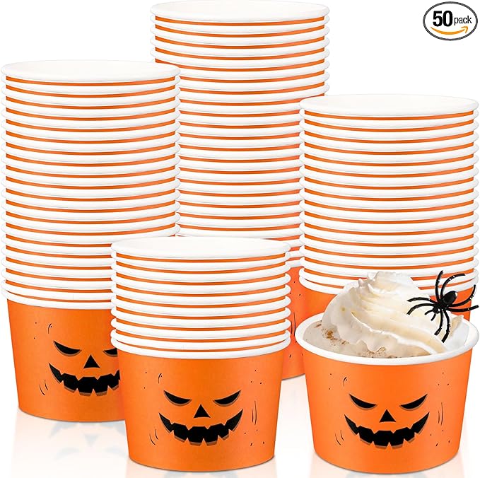 50 Pack 9 oz Halloween Disposable Paper Cups Pumpkin Face Disposable Soup Bowls Paper Cups Halloween Party Supplies for Dessert Hot or Cold Food