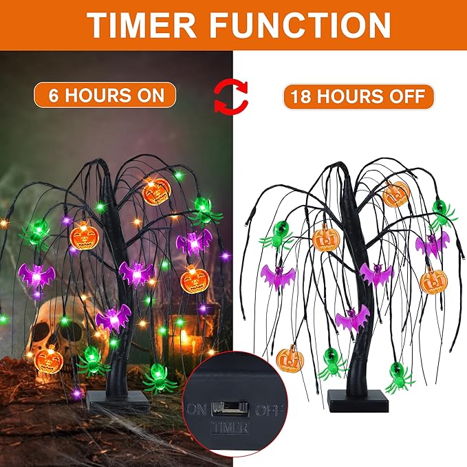 Halloween Table Decor 18 Inch 36 LED Halloween Willow Tree with Pumpkin Bat Spider Lights, Timer/USB/Battery Operated Black Halloween Tree Spooky Halloween Decorations Indoor for Home Party Room Gifts
