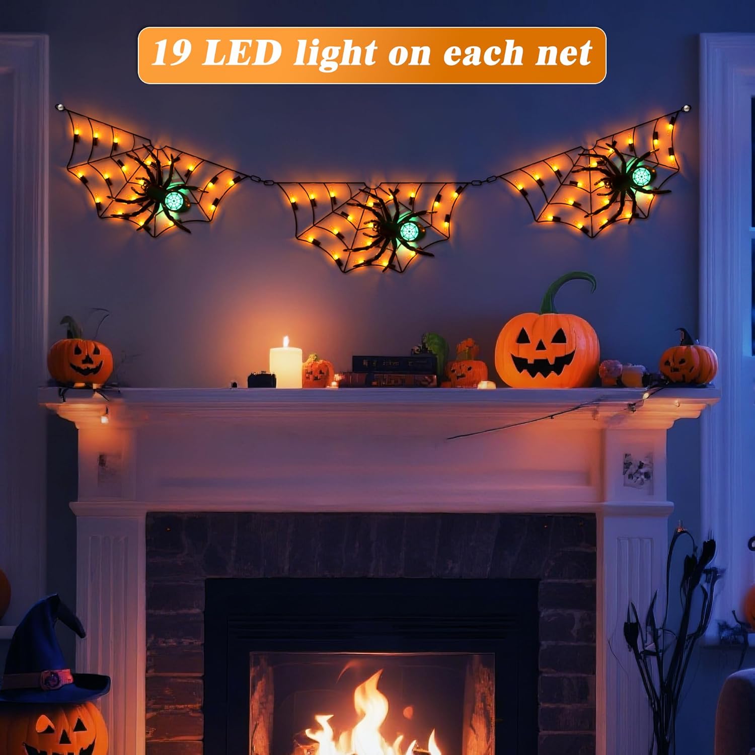 Halloween Decorations Spider Web Lights - 52.8 Inch/4.4 ft Connected Cobweb with Scary Spiders, 54 Orange & 3 Green LEDs, Timer Function, Lighted Spider Nets for Indoor Ourdoor Yard Patio