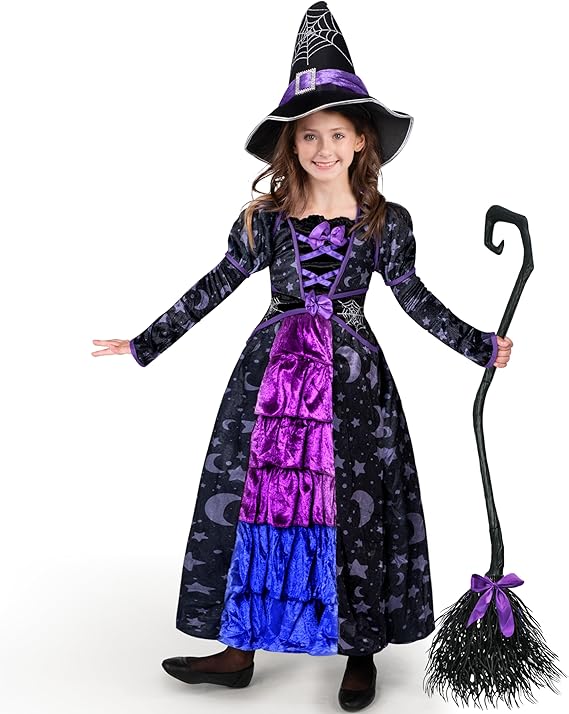 Spooktacular Creations Halloween Child Girl Purple Witch Costume, Toddler Stars and Moon Witch Dress for Kids Halloween Party