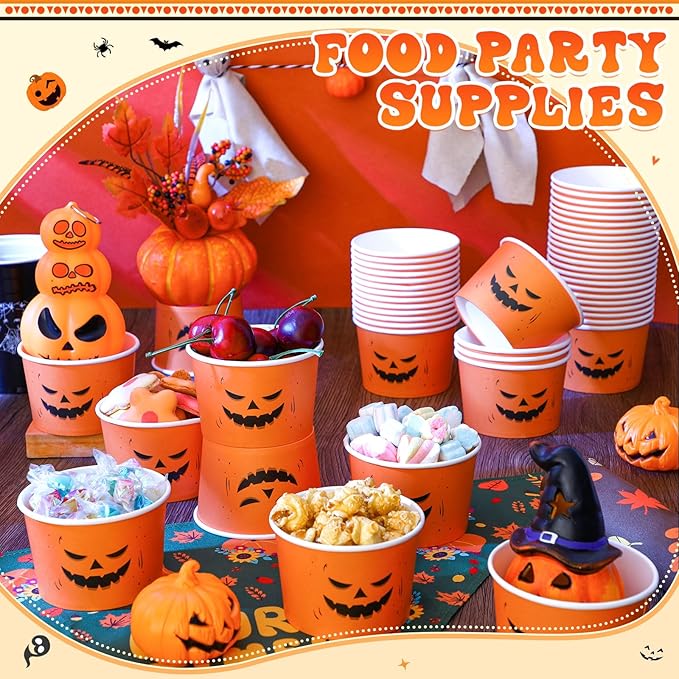 50 Pack 9 oz Halloween Disposable Paper Cups Pumpkin Face Disposable Soup Bowls Paper Cups Halloween Party Supplies for Dessert Hot or Cold Food