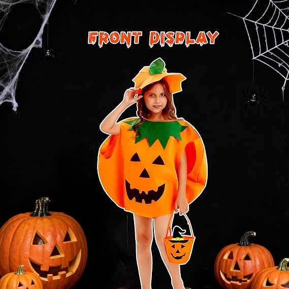 Halloween Kids Pumpkin Costume Set with Poncho, Hat and Treat Bag for Toddler Kids Youth