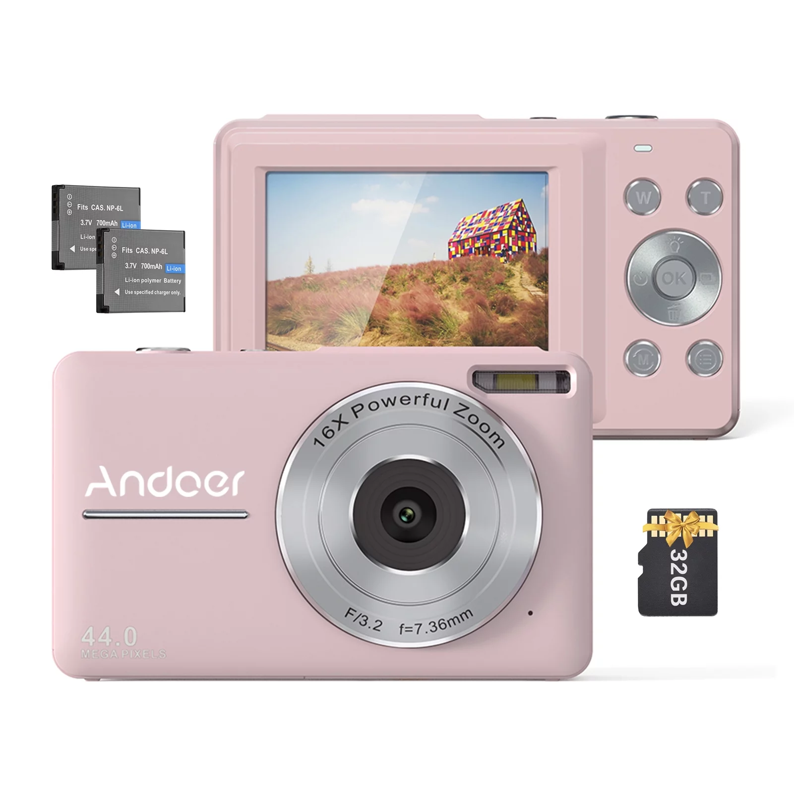 Andoer Portable 1080P Digital Video 44MP Auto Focus 2.5 IPS Screen 16X Digital Zoom -shake Face Detect Smile Capture with 32GB Memory 2pcs Batteries Christmas Gift for Teens