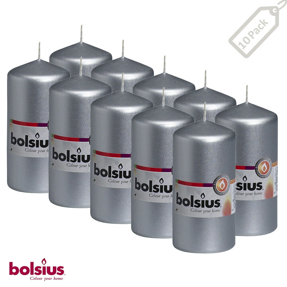 Bolsius 2.25 X 4.75 Silver Pillar Unscented Decor Candles for Wedding, Dinner, Christmas, Home/Party | 32 Hours Smokeless Long Burning Dripless Candles - Pack of 10