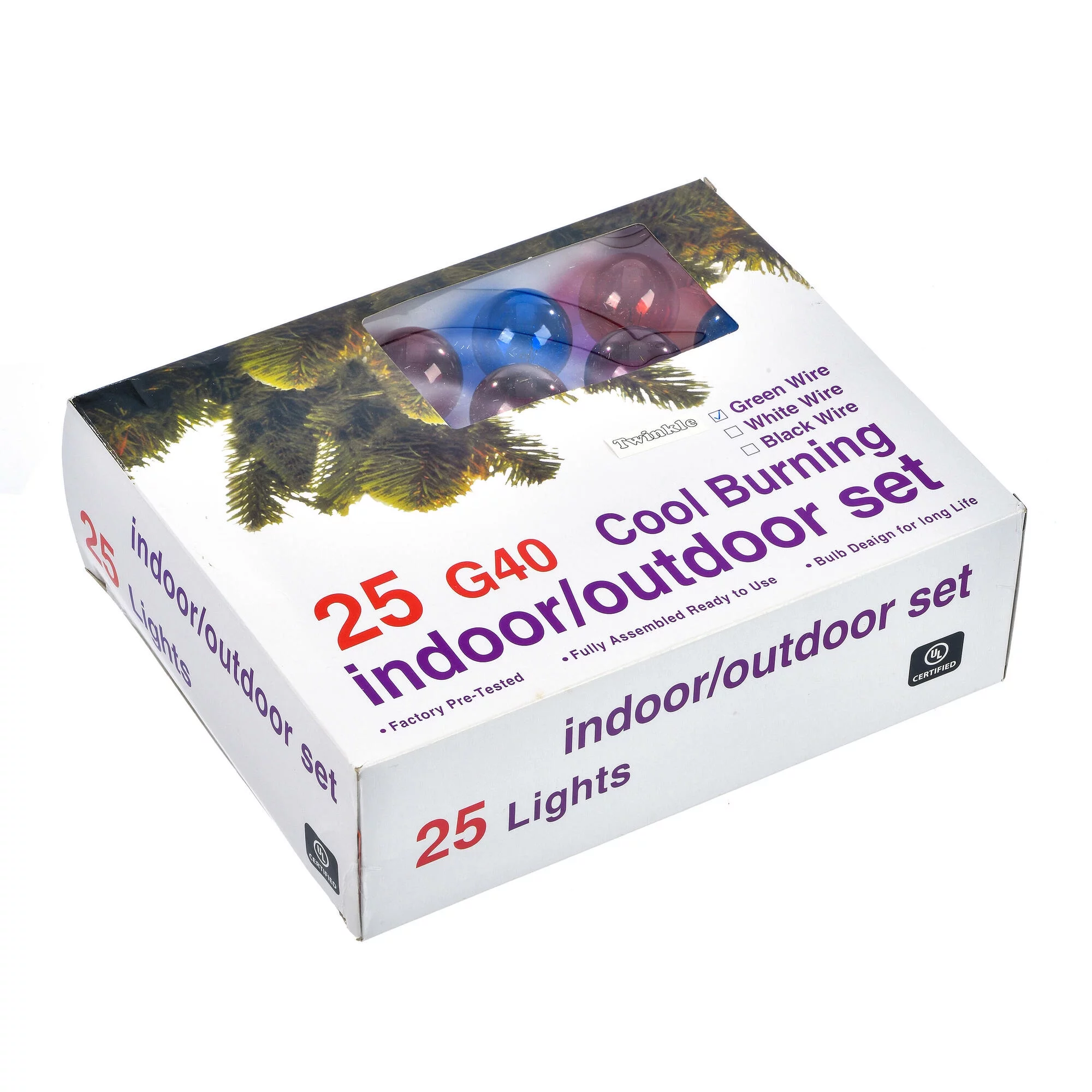 Vickerman 25 Multi-Colored G40 Twinkle Light on Green Wire, Christmas Light Strand