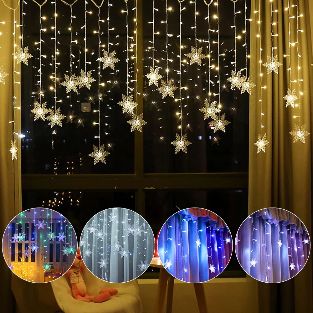 Outdoor Christmas Lights Snowflake LED Curtain String Lights Waterproof Holiday Party Connectable Wave Fairy Lights