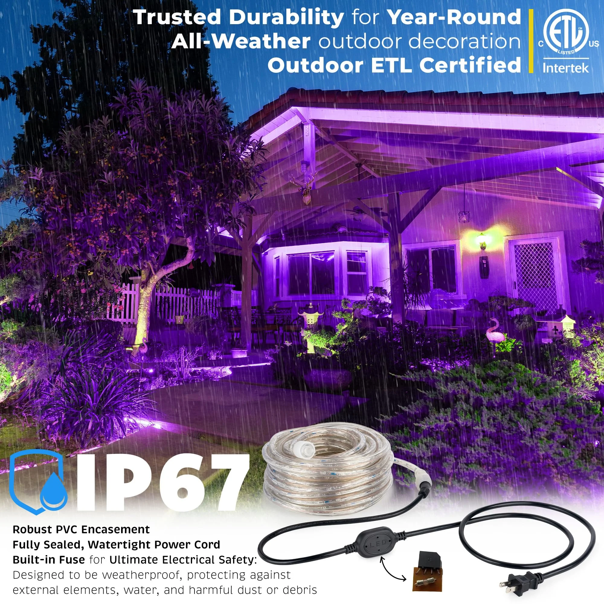 WYZworks 576LEDs 50ft LED Outside Rope Lights, Outdoor ETL Certified Waterproof Permanent 360 Degree Light Emitting, Flexible Tube, Connectable, Christmas Palm Tree Exterior Landscape, Purple