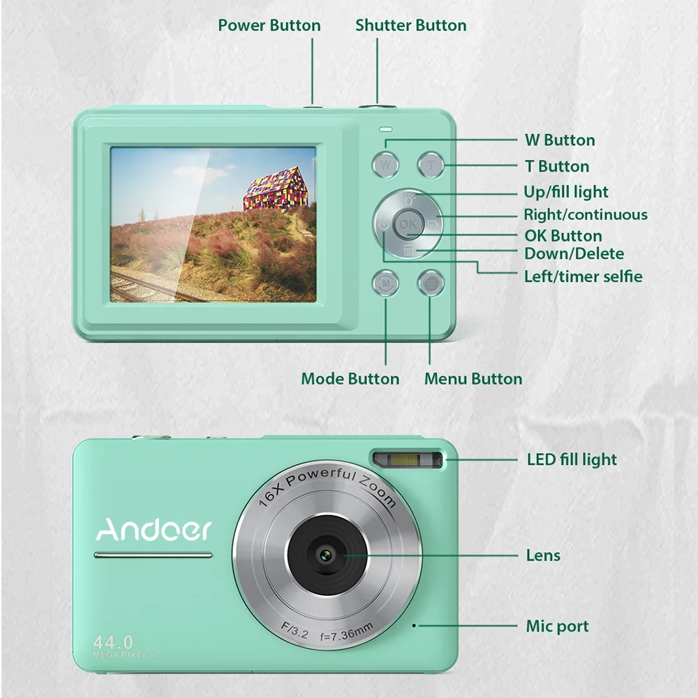 Andoer Portable 1080P Digital Video 44MP Auto Focus 2.5 IPS Screen 16X Digital Zoom -shake Face Detect Smile Capture with 32GB Memory 2pcs Batteries Christmas Gift for Teens