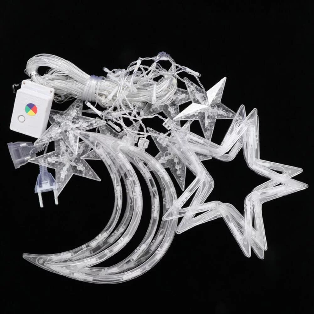 Morttic LED Star Moon String Light, 138 LEDs Window Curtain Lights, Ramadan, Christmas, Wedding, Party, Home Decorations (Warm White)