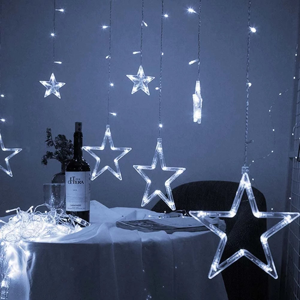 ZOELNIC Twinkle Star 12 Stars 138 LED Curtain String Lights, Window Curtain Lights with 8 Flashing Modes Ramadan Decoration for Christmas, Wedding, Party, Home, White