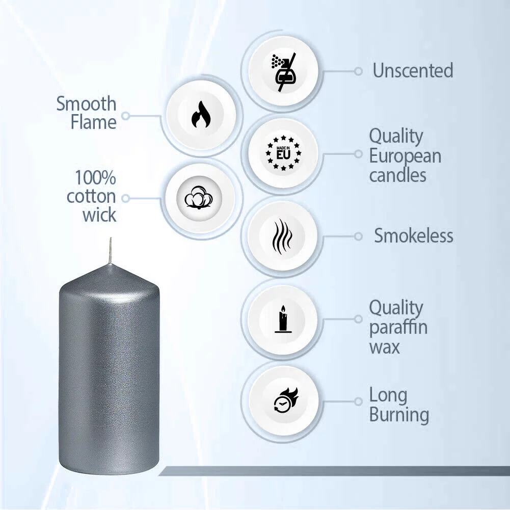 Bolsius 2.25 X 4.75 Silver Pillar Unscented Decor Candles for Wedding, Dinner, Christmas, Home/Party | 32 Hours Smokeless Long Burning Dripless Candles - Pack of 10