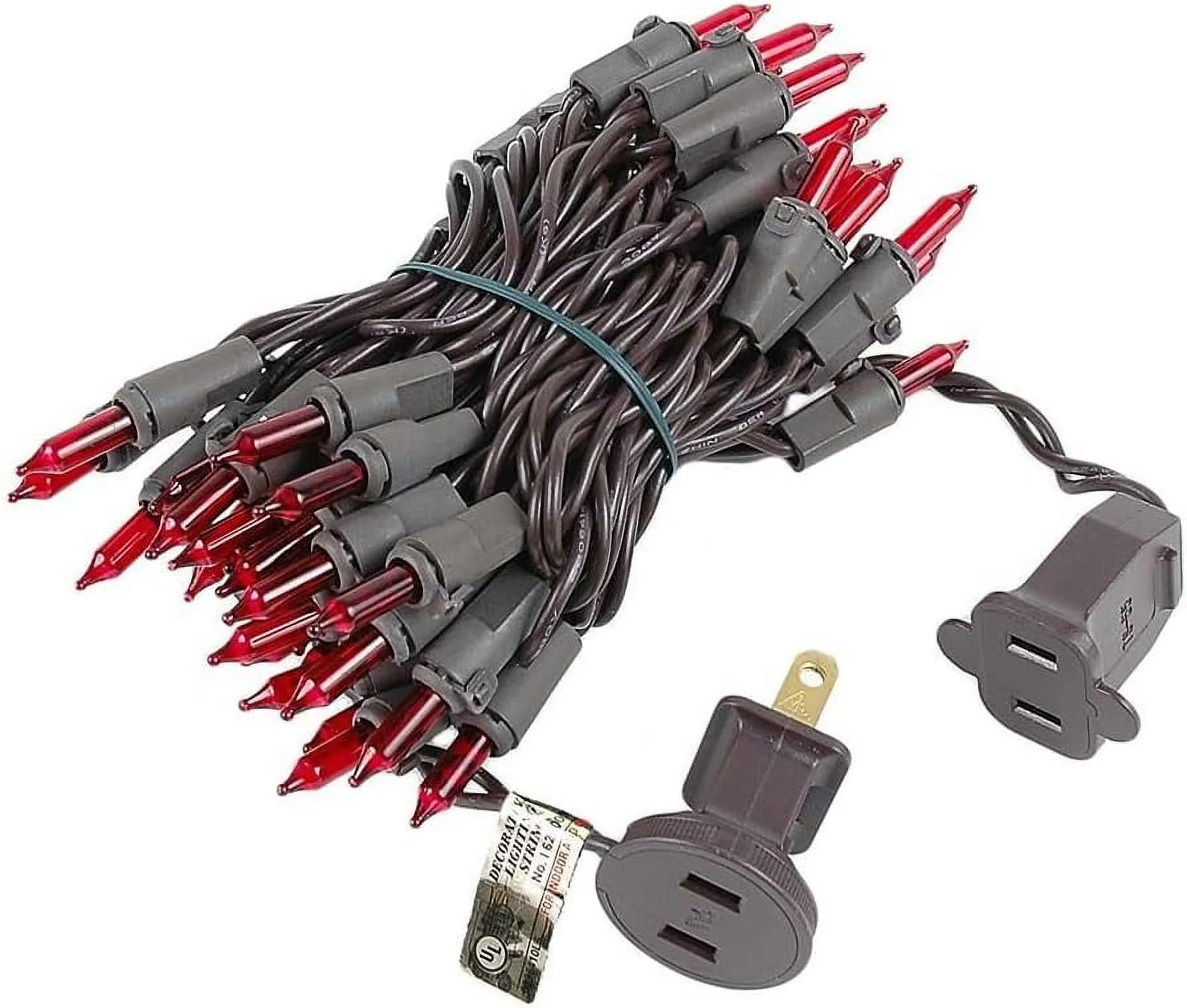 50 Light Red Christmas Mini String Light Set, Brown Wire, Indoor/Outdoor UL Listed, 11' Long