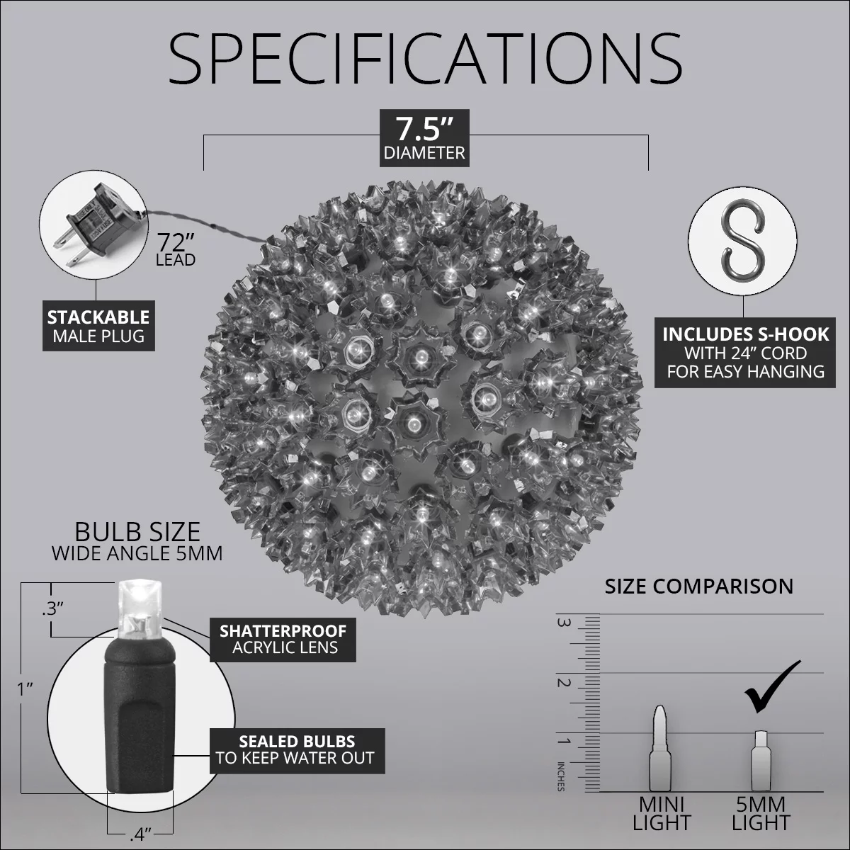 Wintergreen Lighting LED Starlight Sphere, LED Light Ball Sphere Light, Christmas Light Ball, Christmas Decoration (120 Twinkle Lights, 7.5