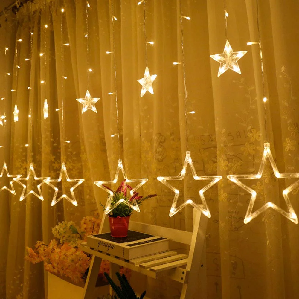 Fairy Curtain String Lights, 12 Stars 138 LED Window Curtain Lights with 8 Flashing Modes Decoration for Christmas, Wedding, Party, Home