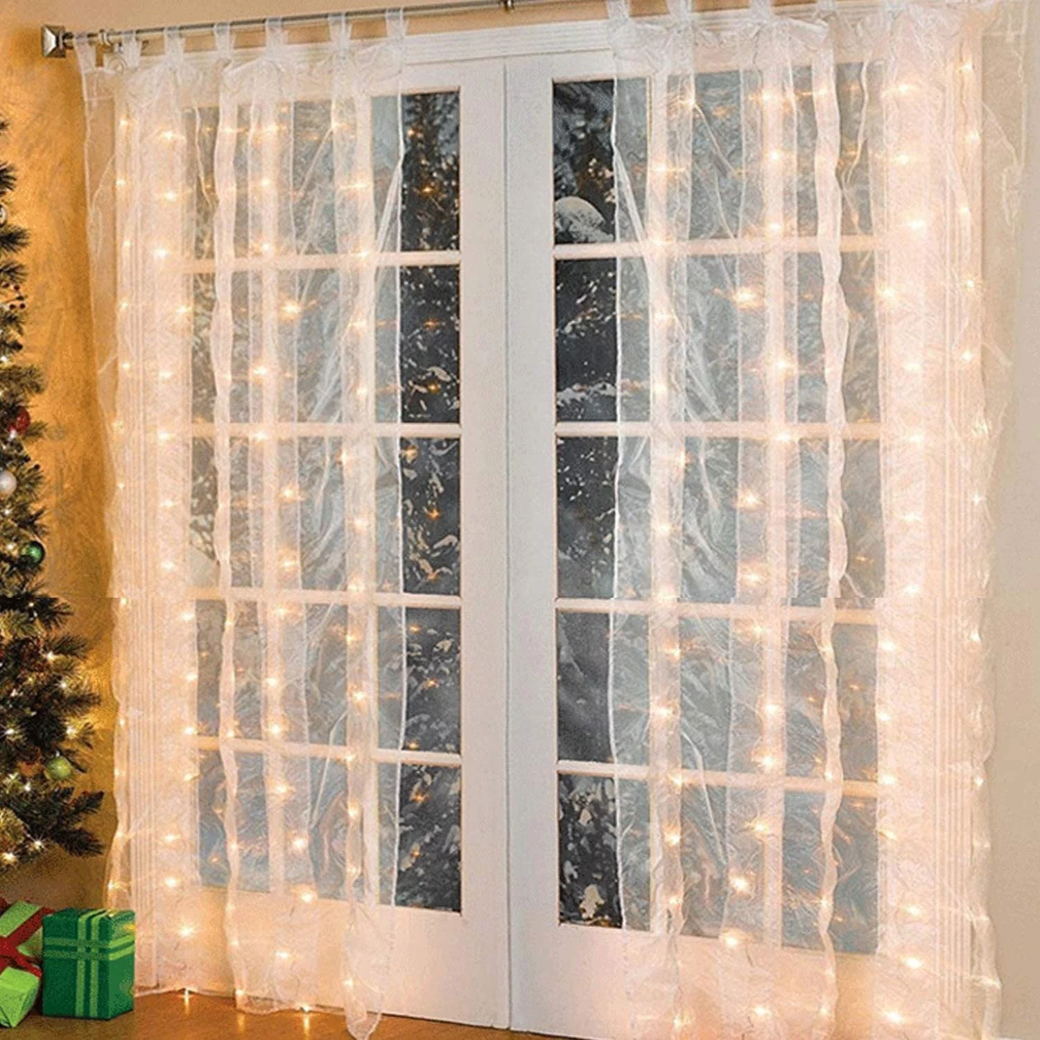Morttic 9.8ft x 9.8ft Curtain Lights, 8 Lighting Modes US Plug in Powered Waterproof Lights for Christmas Bedroom Party Wedding Home Garden Decorations