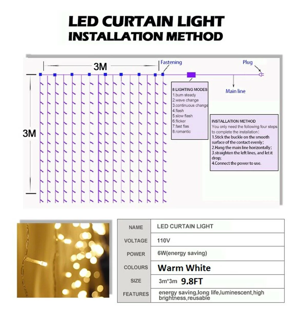 Morttic 9.8ft x 9.8ft Curtain Lights, 8 Lighting Modes US Plug in Powered Waterproof Lights for Christmas Bedroom Party Wedding Home Garden Decorations