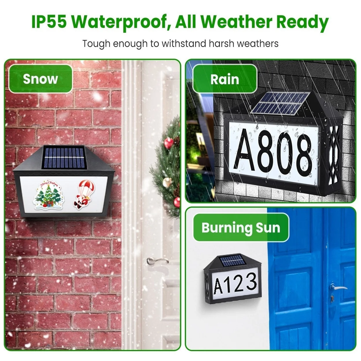 Christmas Solar Address Sign IP55 Waterproof Colorful House Numbers Plaque Wall Mounted LED Address Sign with 9 Lighting