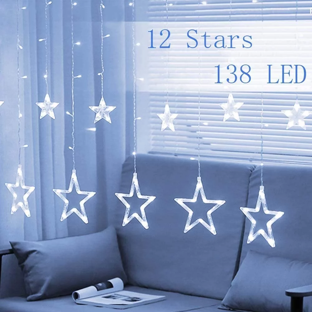 ZOELNIC Twinkle Star 12 Stars 138 LED Curtain String Lights, Window Curtain Lights with 8 Flashing Modes Ramadan Decoration for Christmas, Wedding, Party, Home, White