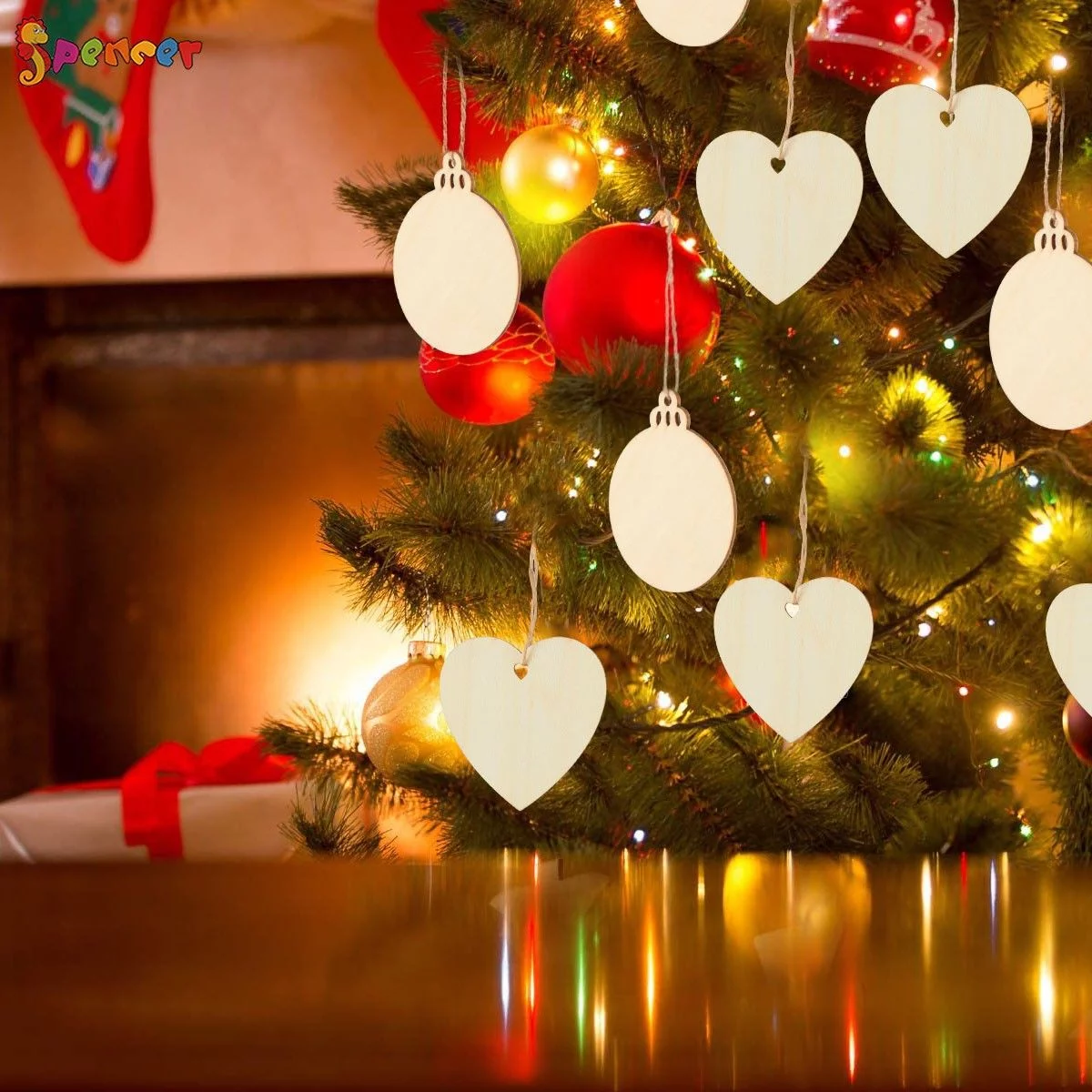 Spencer 50pcs Heart Shape Wooden Slices Christmas Ornament Natural Wood Hanging Decoration Xmas Tree for Wooden DIY, Crafts Centerpieces