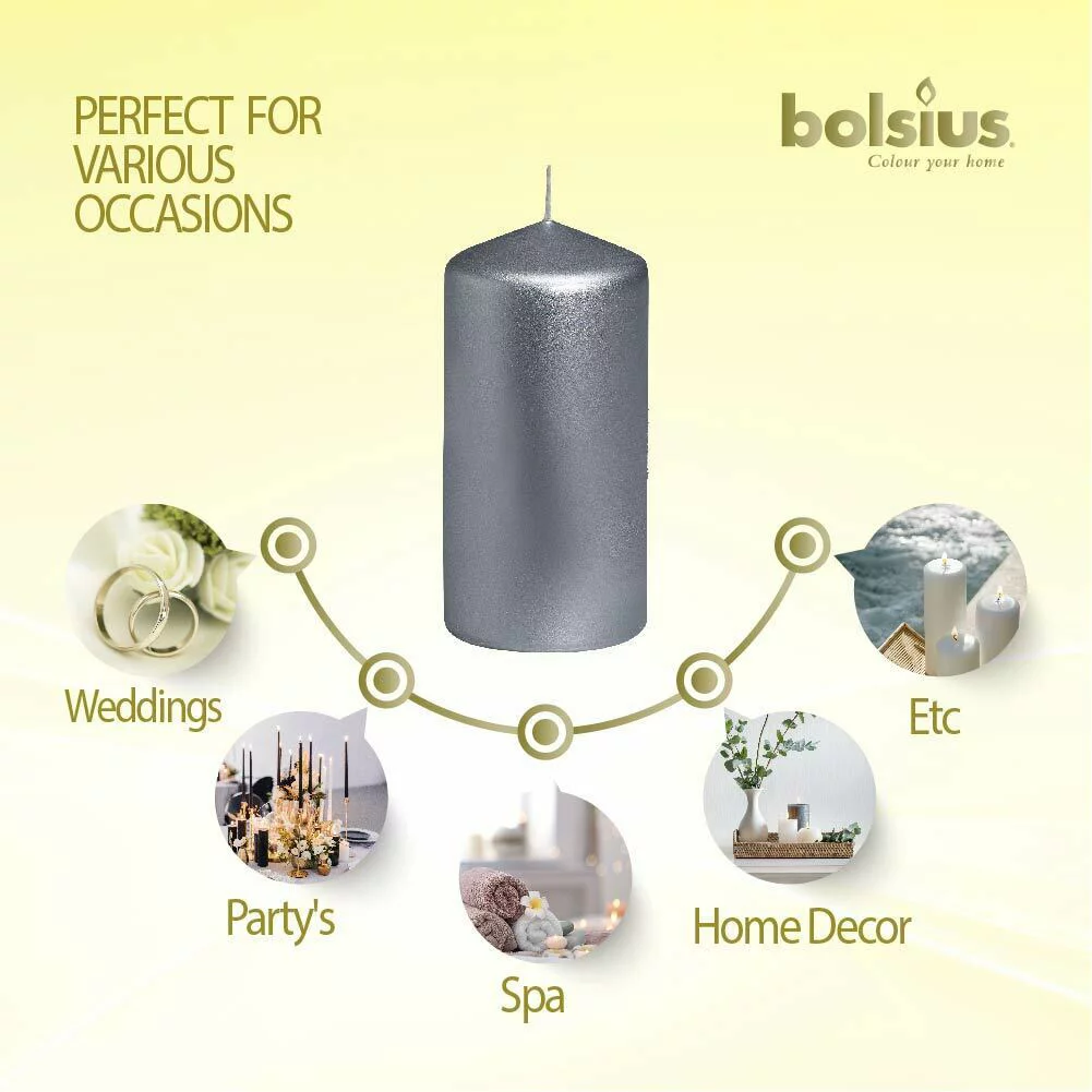 Bolsius 2.25 X 4.75 Silver Pillar Unscented Decor Candles for Wedding, Dinner, Christmas, Home/Party | 32 Hours Smokeless Long Burning Dripless Candles - Pack of 10