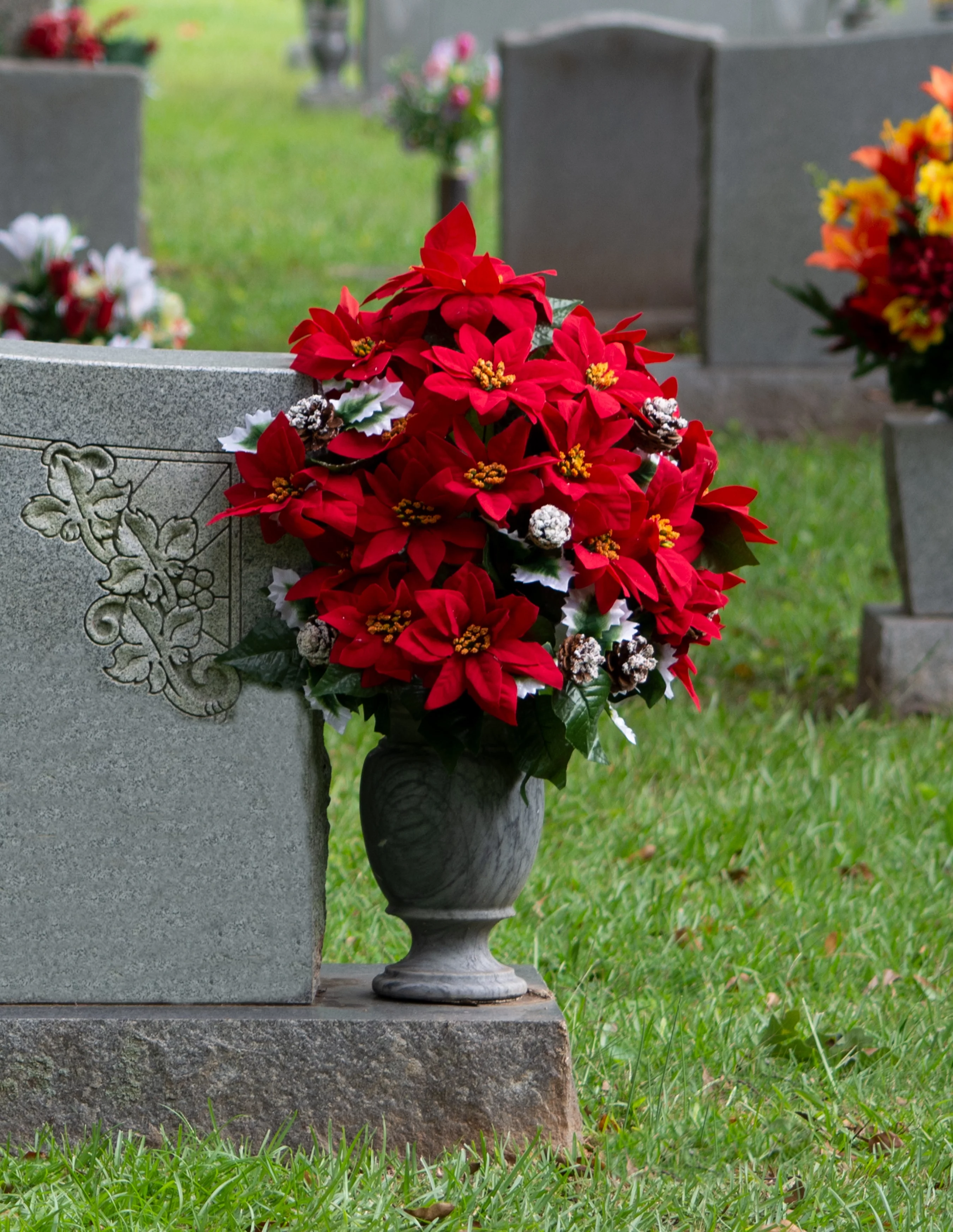 Sympathy Silks Artificial Cemetery Flowers, Christmas Bouquet, Red Poinsettias and Pinecones
