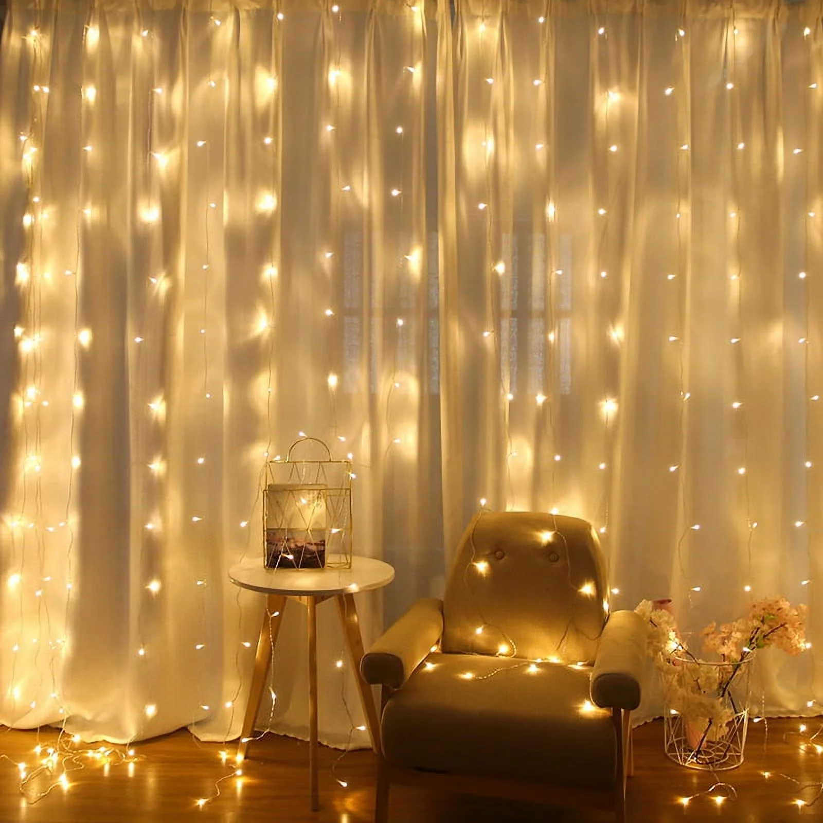Morttic 9.8ft x 9.8ft Curtain Lights, 8 Lighting Modes US Plug in Powered Waterproof Lights for Christmas Bedroom Party Wedding Home Garden Decorations