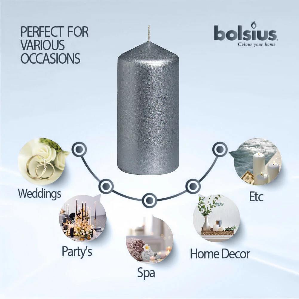 Bolsius 2.25 X 4.75 Silver Pillar Unscented Decor Candles for Wedding, Dinner, Christmas, Home/Party | 32 Hours Smokeless Long Burning Dripless Candles - Pack of 10
