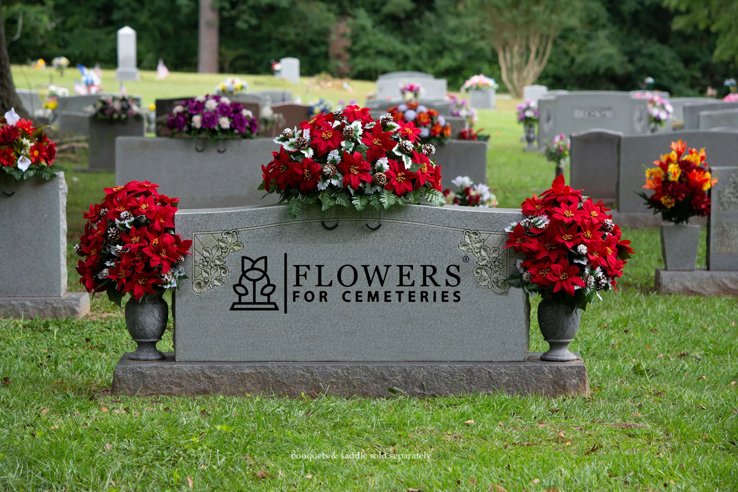 Sympathy Silks Artificial Cemetery Flowers, Christmas Bouquet, Red Poinsettias and Pinecones