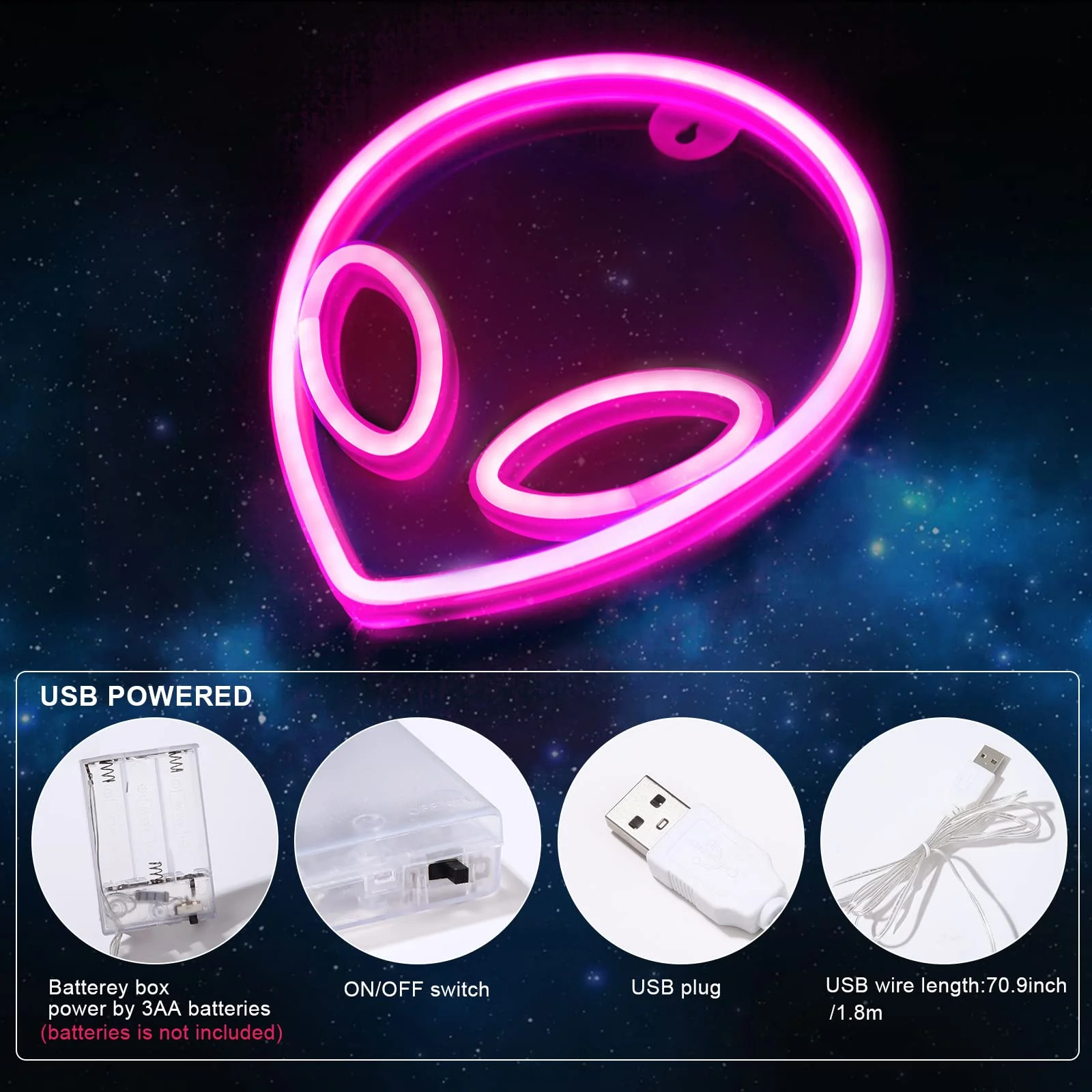 FOAUUH Alien Neon Signs for Bedroom Wall Decor Battery and USB Powered Pink Alien Neon Sign Light up for Home Kids Room Children‘s Day Bar Festival Birthday Christmas Halloween Party