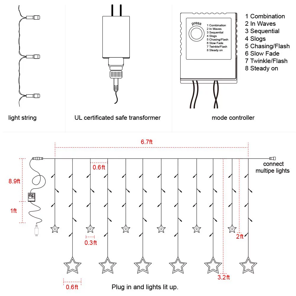 Fairy Curtain String Lights, 12 Stars 138 LED Window Curtain Lights with 8 Flashing Modes Decoration for Christmas, Wedding, Party, Home