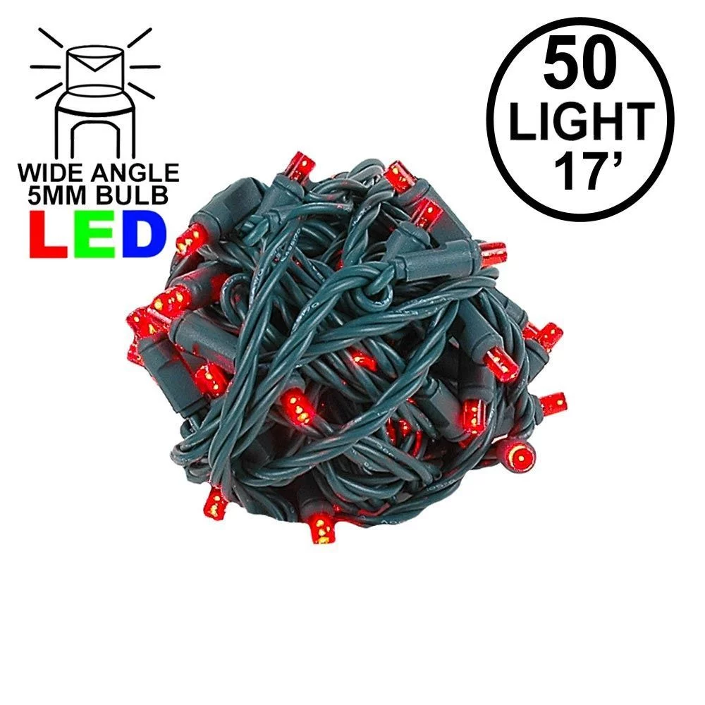 Novelty Lights 50 Commercial LED Christmas Lights (Red), 17 Feet w/ 4 inch Bulb Spacing, 5mm Bulbs, UL Listed, Green Wire String Lights