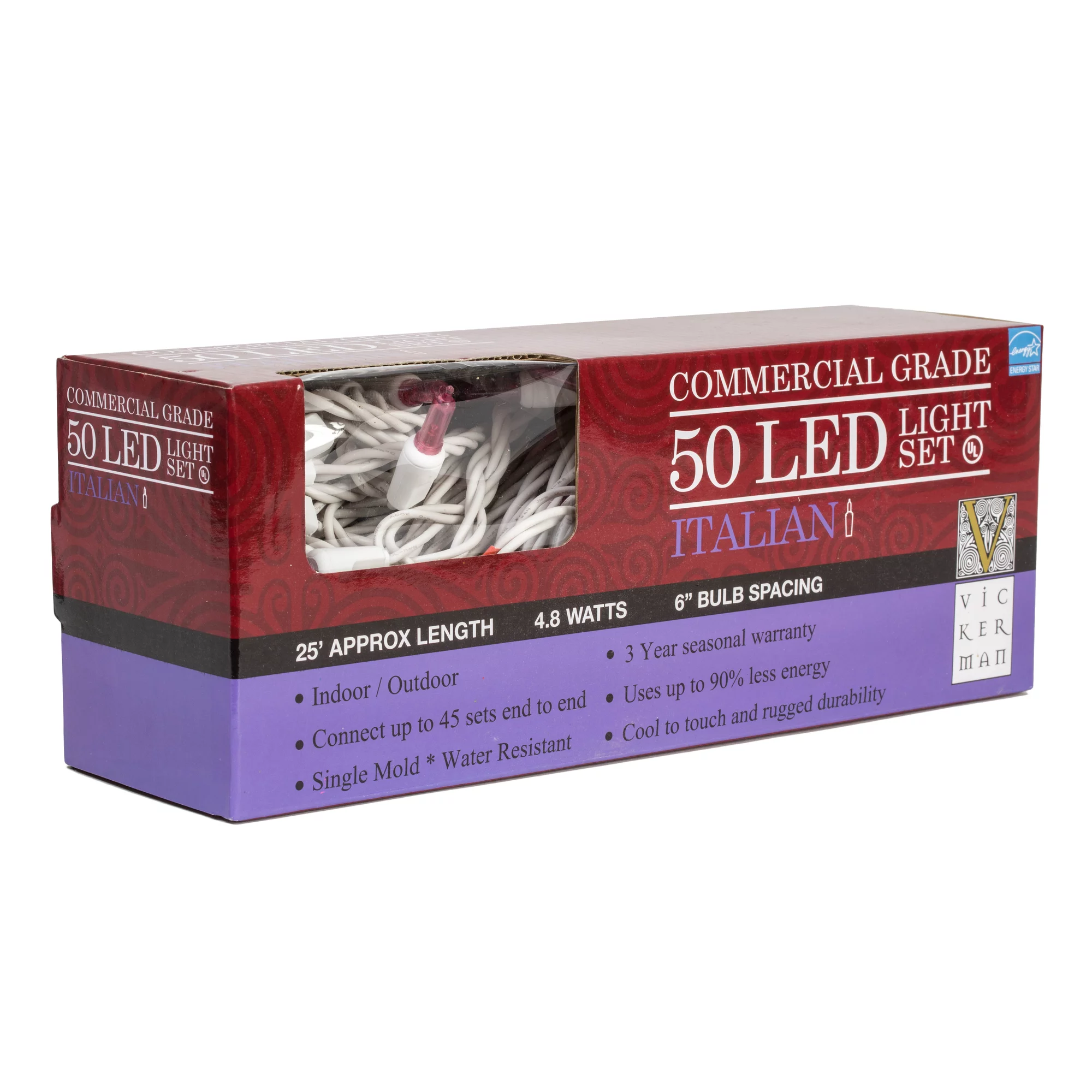 Vickerman 50 Magenta Italian LED on White Wire, 25' Christmas Single Mold Light Strand