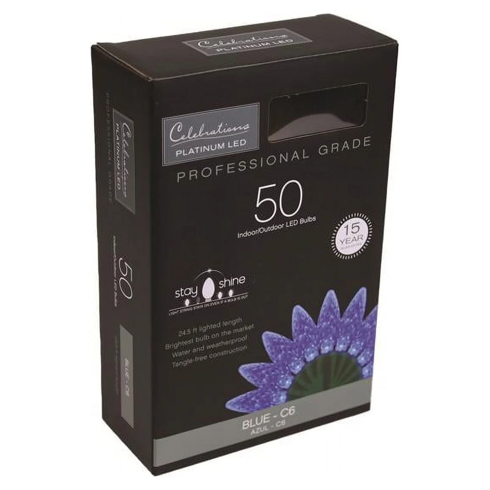 Celebrations 9086342 25 ft. Platinum LED C6 String Christmas Lights, Blue - 50 Count