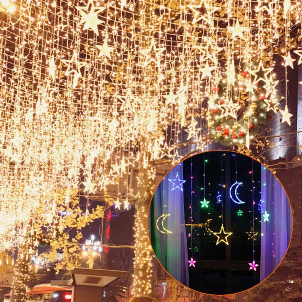 11.4ft Creative Star String Curtain Lights Moon Star 138 Led Windows Light for Christmas Wedding Party Home Decorations , Warm White