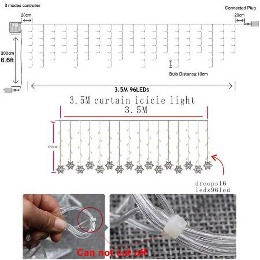 Outdoor Christmas Lights Snowflake LED Curtain String Lights Waterproof Holiday Party Connectable Wave Fairy Lights