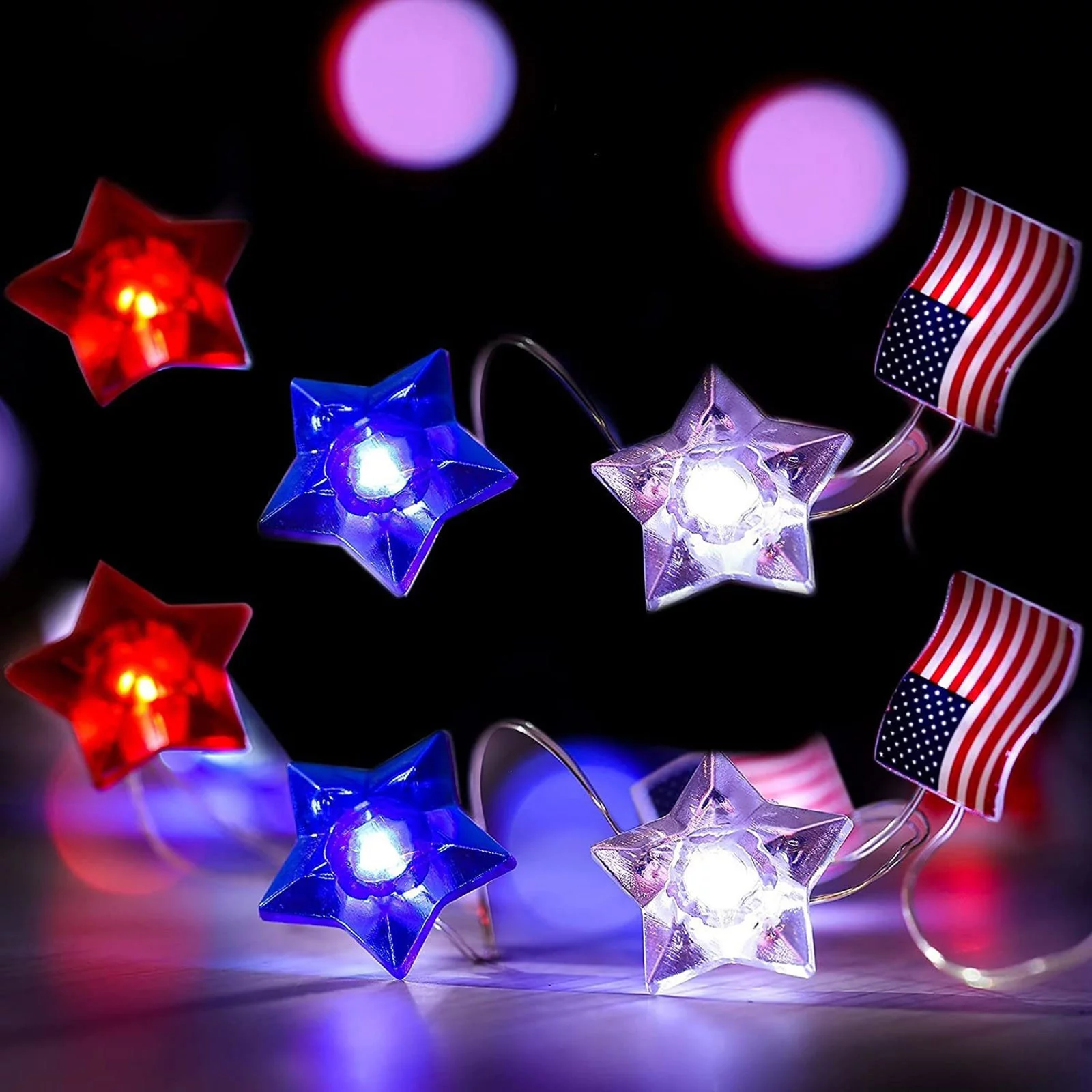 American Flag Copper Wire Lamp Fourth Of July Flag LED String Five Pointed Star String Lights Fourth Of July Decorative Lights String Icicle Christmas Lights Wire Decorative Trees with Lights Outdoor
