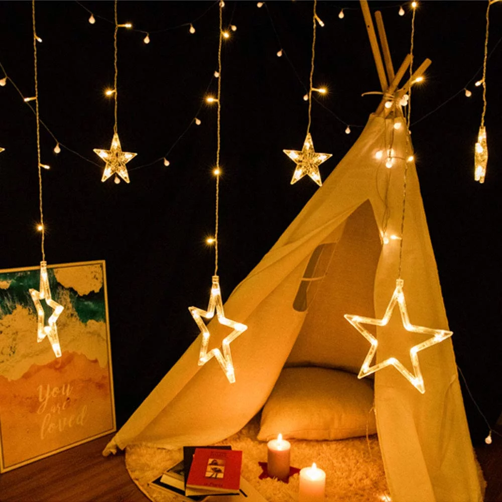 Fairy Curtain String Lights, 12 Stars 138 LED Window Curtain Lights with 8 Flashing Modes Decoration for Christmas, Wedding, Party, Home