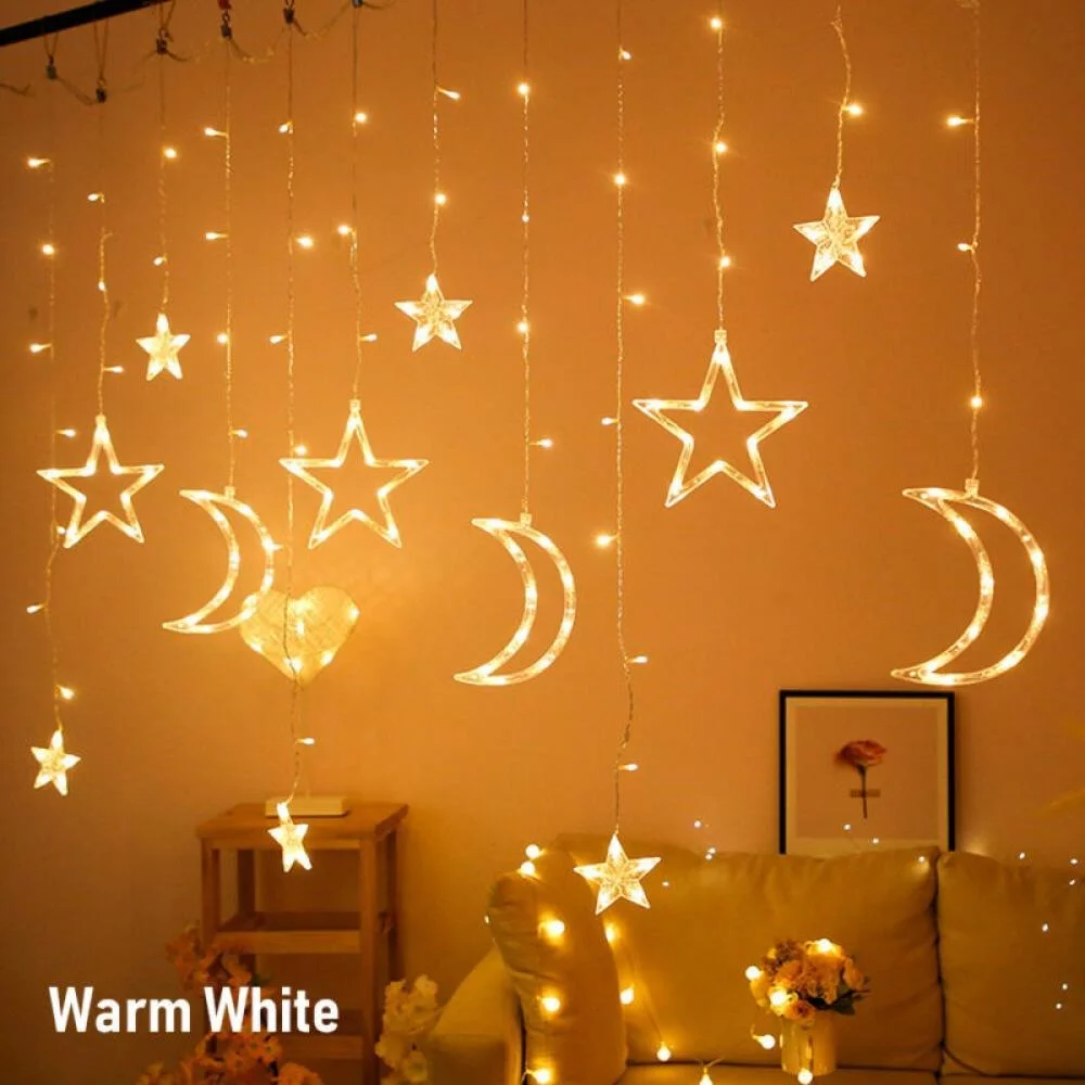 Morttic LED Star Moon String Light, 138 LEDs Window Curtain Lights, Ramadan, Christmas, Wedding, Party, Home Decorations (Warm White)