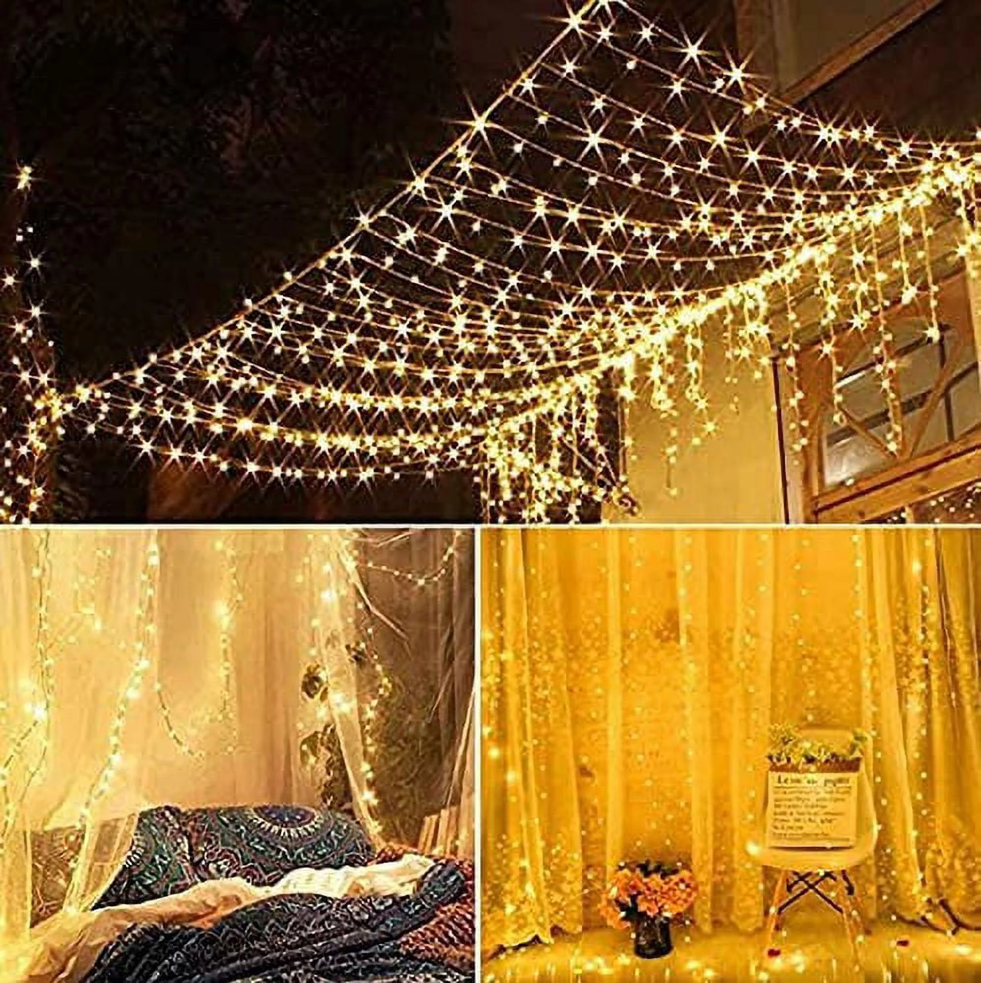 Morttic 9.8ft x 9.8ft Curtain Lights, 8 Lighting Modes US Plug in Powered Waterproof Lights for Christmas Bedroom Party Wedding Home Garden Decorations