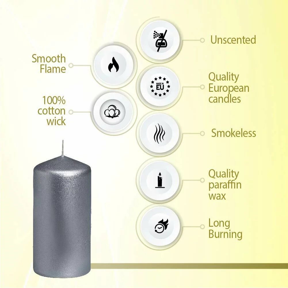 Bolsius 2.25 X 4.75 Silver Pillar Unscented Decor Candles for Wedding, Dinner, Christmas, Home/Party | 32 Hours Smokeless Long Burning Dripless Candles - Pack of 10