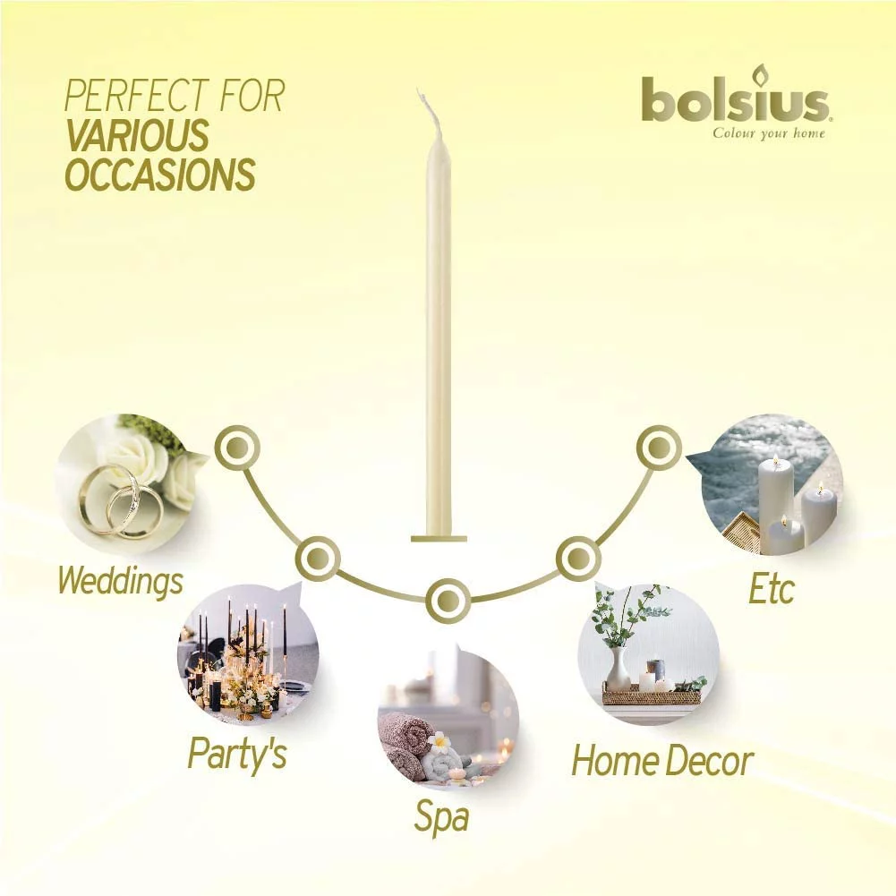 Bolsius Dripless Taper Ivory Unscented Bulk Candles for Wedding, Restaurant, Church, Christmas Home Decoration - 10 Inch Tall Tapered Candle - Pack of 60