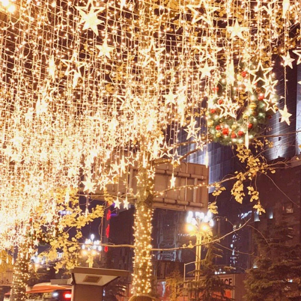 Morttic LED Star Moon String Light, 138 LEDs Window Curtain Lights, Ramadan, Christmas, Wedding, Party, Home Decorations (Warm White)