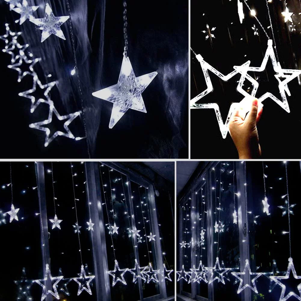 ZOELNIC Twinkle Star 12 Stars 138 LED Curtain String Lights, Window Curtain Lights with 8 Flashing Modes Ramadan Decoration for Christmas, Wedding, Party, Home, White
