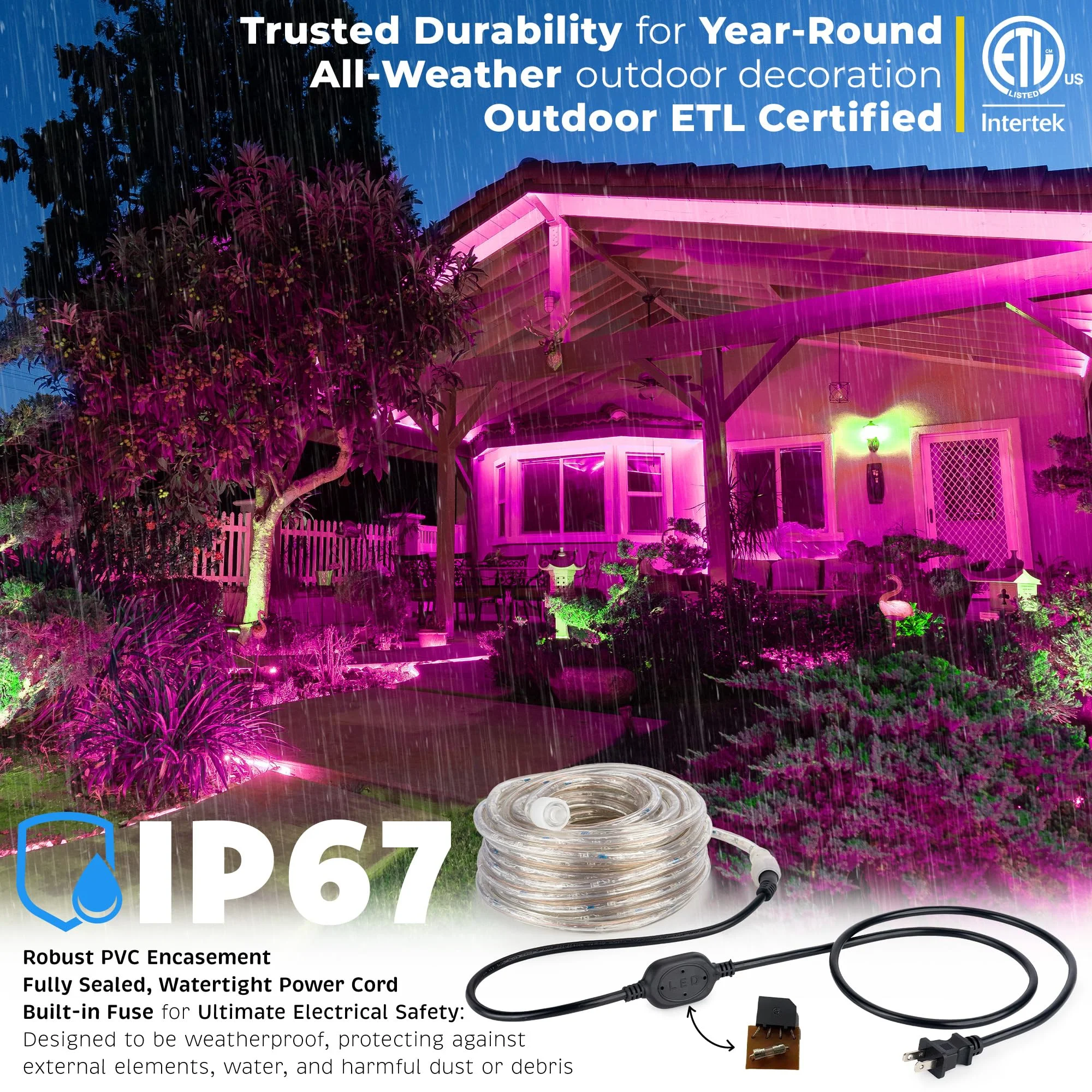 WYZworks 576LEDs 50ft LED Outside Rope Lights, Outdoor ETL Certified Waterproof Permanent 360 Degree Light Emitting, Flexible Tube, Connectable, Christmas Palm Tree Exterior Landscape, Pink