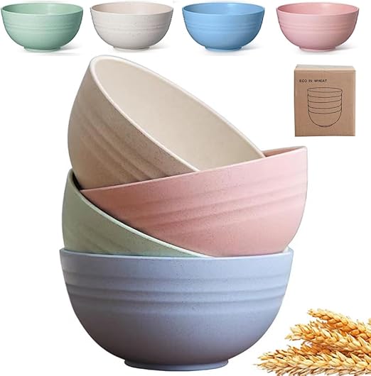 Unbreakable Cereal Bowls - 24 oz Reusable Wheat Straw Bowl- Perfect for Serving Soup, Oatmeal, Pasta, Salad Camping, Picnic Bowls- Dishwasher & Microwave Safe - BPA Free, Sets for 4