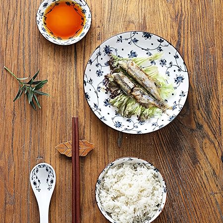 Gegong Blue and White Porcelain Dinnerware Set, Dishes, Bowl, Spoon, Chopsticks, Service for 1, Colorful Glazed Ceramic Set, Gift Box Packaging (Mixing)