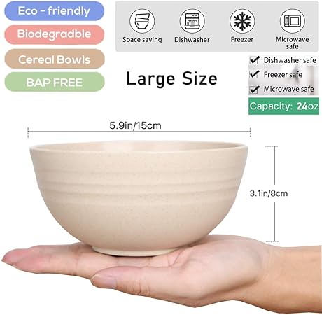 Unbreakable Cereal Bowls - 24 oz Reusable Wheat Straw Bowl- Perfect for Serving Soup, Oatmeal, Pasta, Salad Camping, Picnic Bowls- Dishwasher & Microwave Safe - BPA Free, Sets for 4