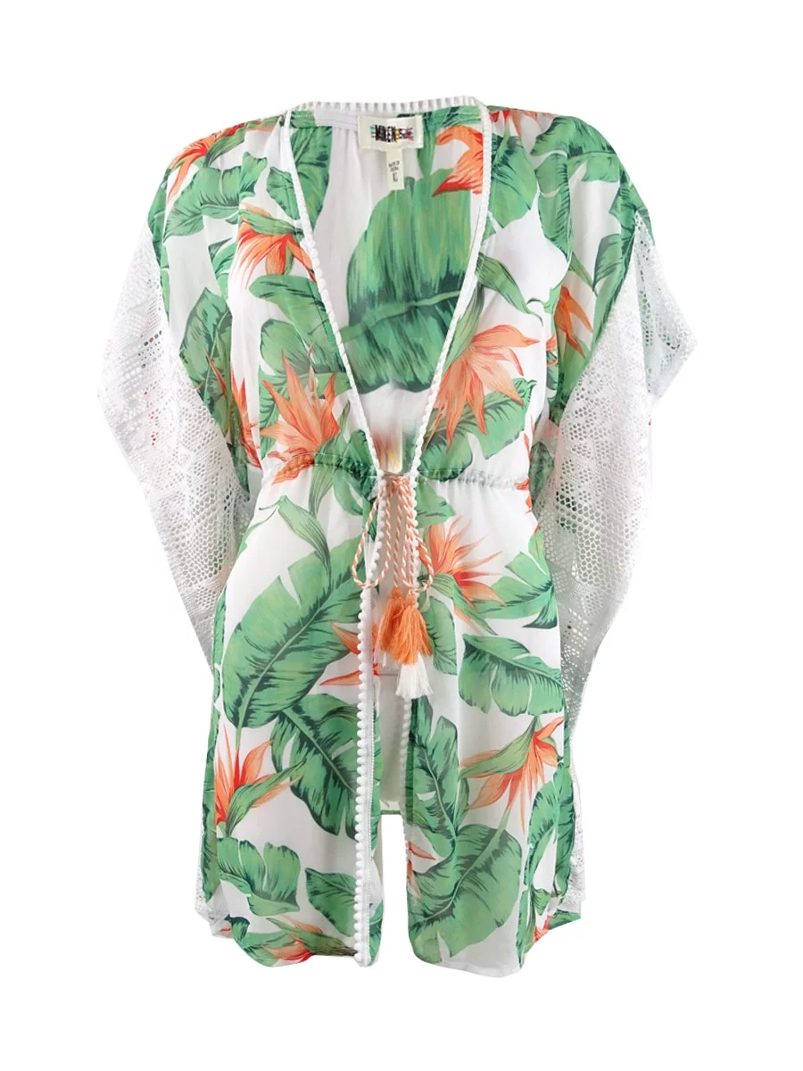 Miken Women's Printed Tie-Front Kimono Swim Top Cover-Up